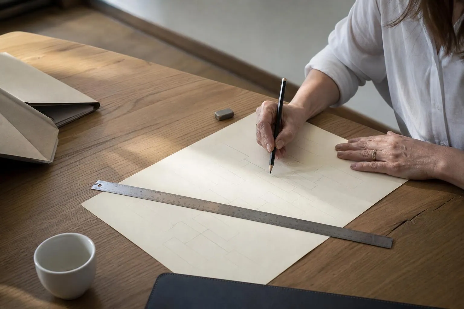 Main d une professionnelle tracant au crayon un schema de liens entre societes sur une grande feuille posee sur une table de chene.