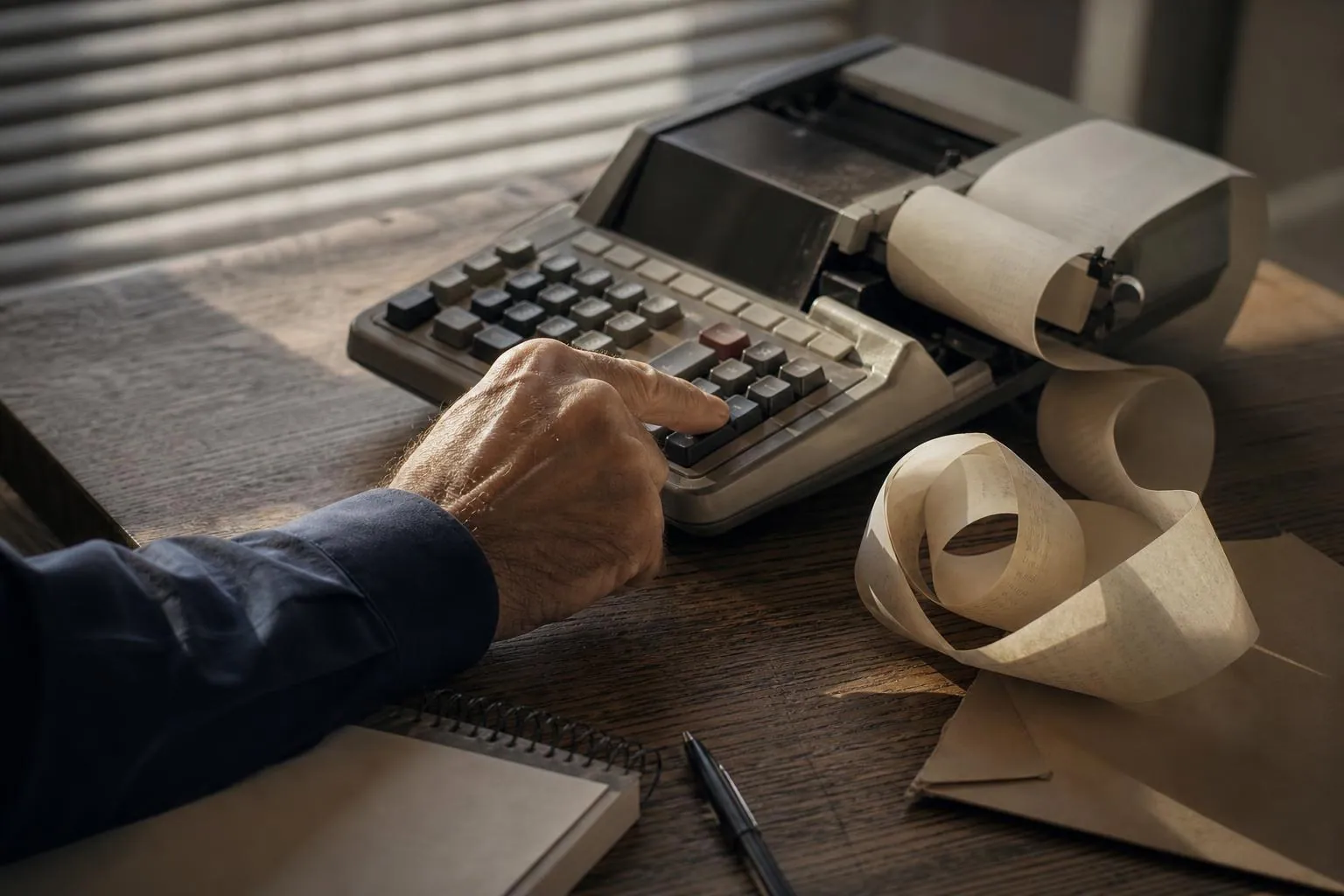 Calculatrice de bureau a ruban papier posee sur une table de bois, le ruban imprime retombant sur le cote.