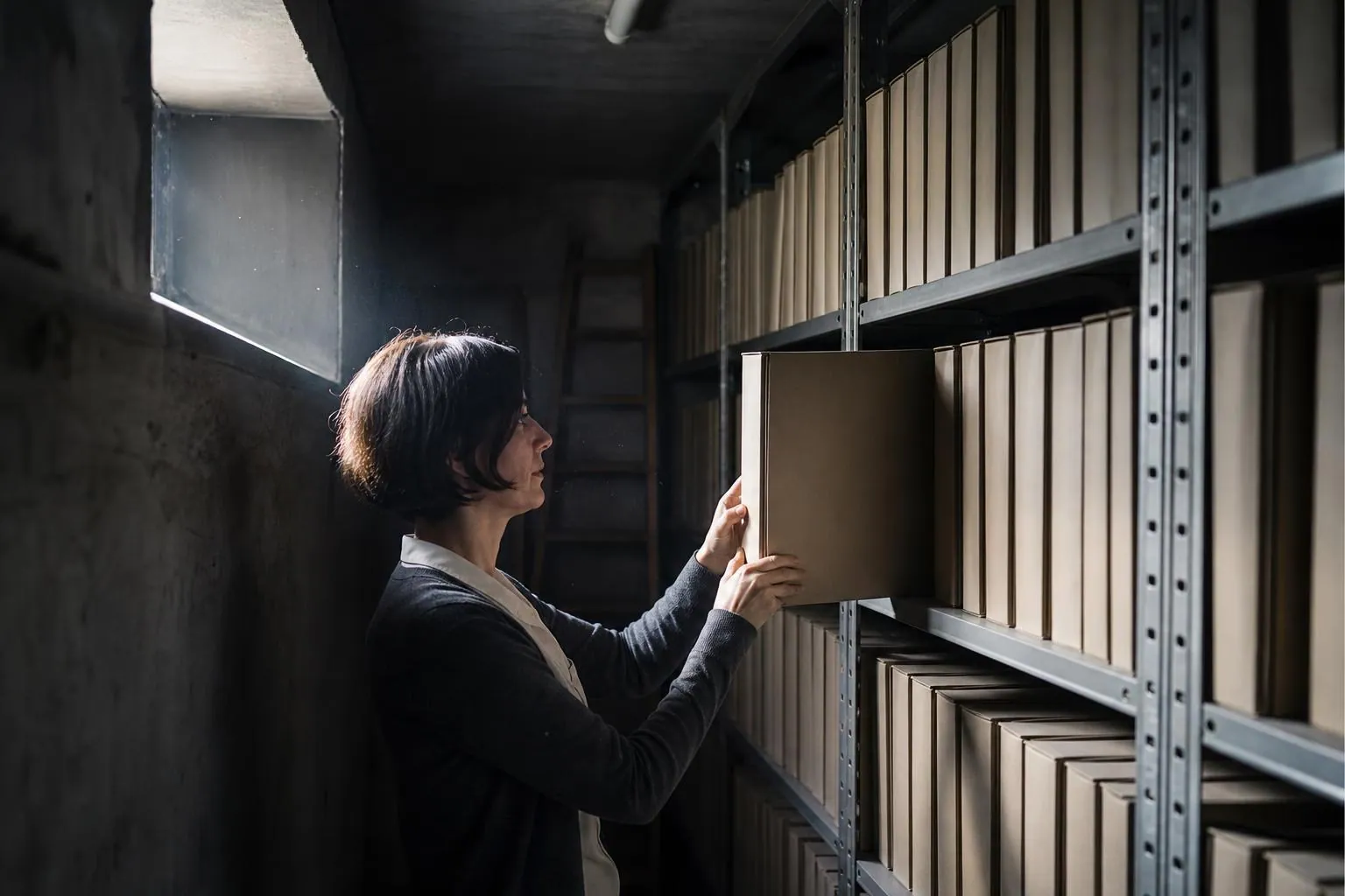Collaboratrice de cabinet sortant un dossier d un rayonnage metallique dans une salle d archives.