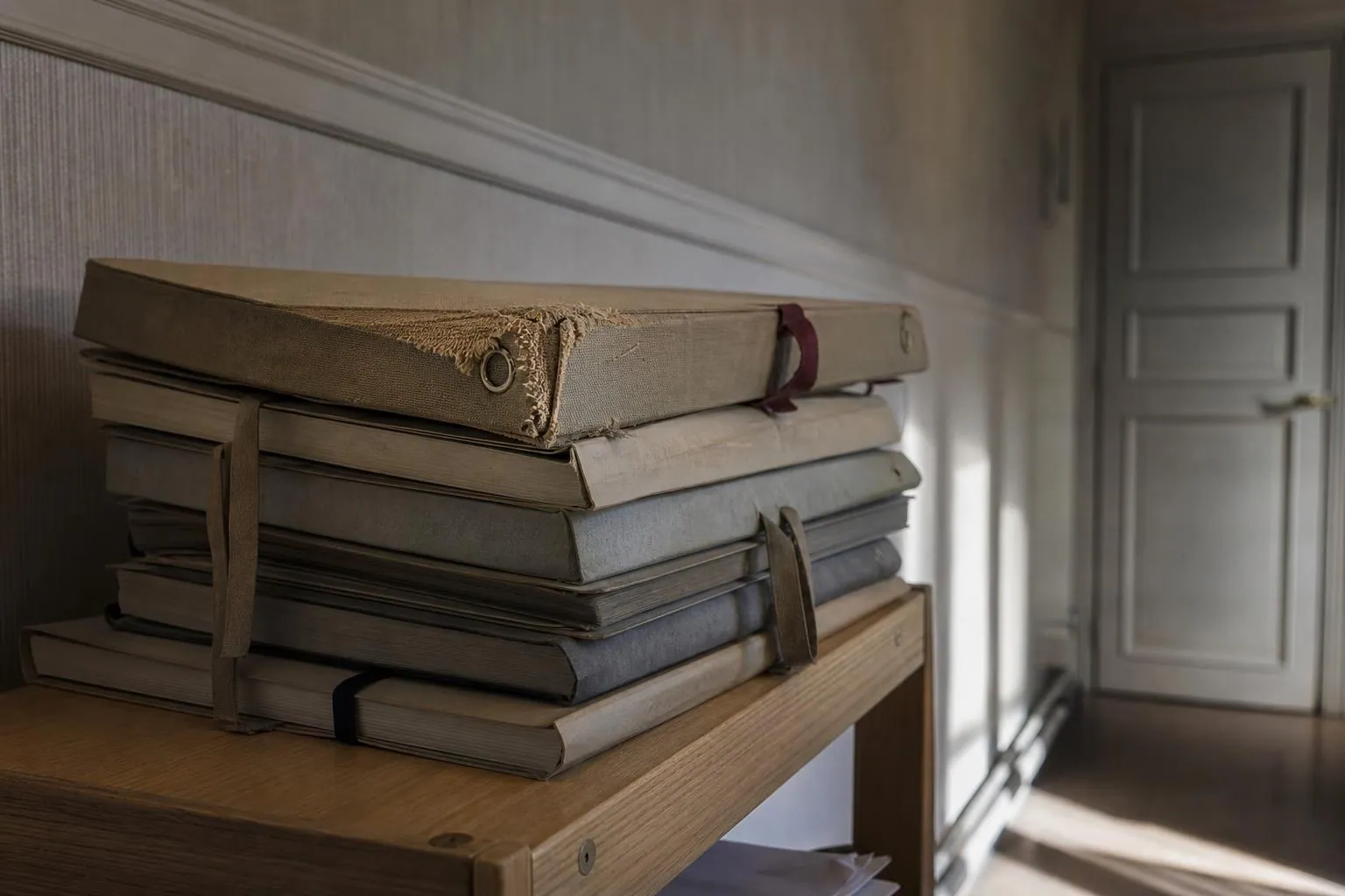 Chemise a sangle beige usee posee de travers sur une pile de dossiers, dans un couloir de cabinet a la lumiere rasante.