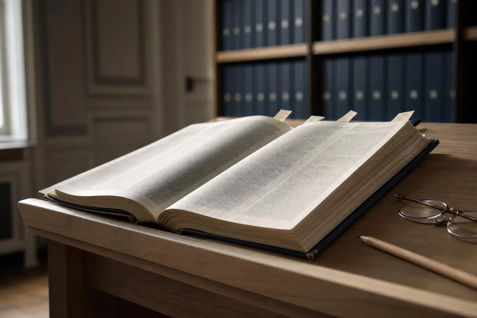 Exemplaire relie du code de commerce ouvert sur un pupitre de bois, marque pages en papier depassant des tranches.