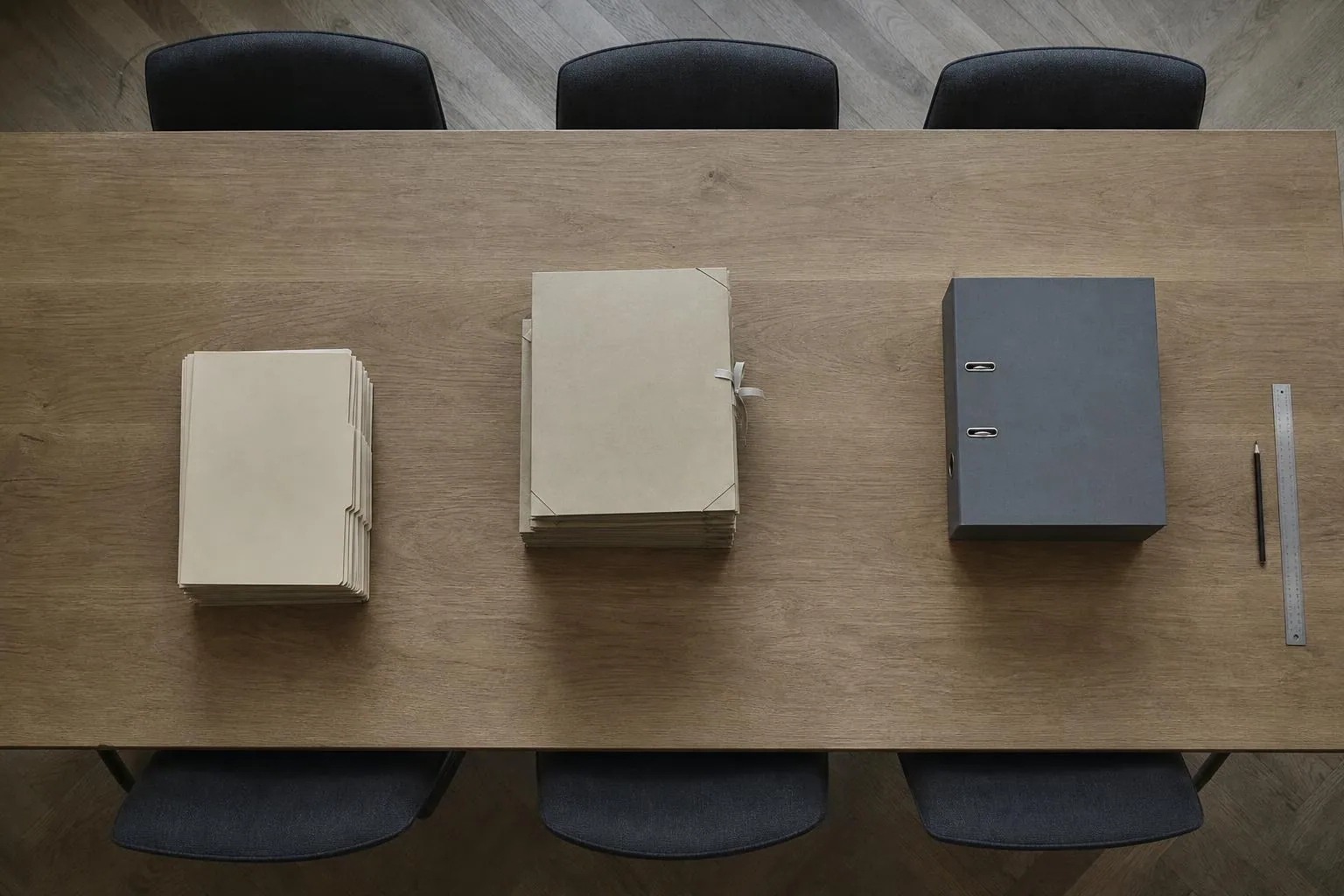 Trois piles de dossiers d egale hauteur alignees sur une longue table de reunion vide, vues en plongee.